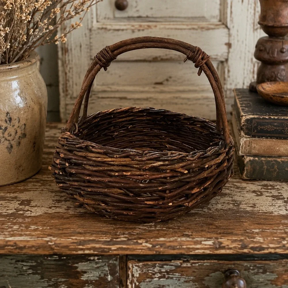 Vintage Rustic Twig Basket Dark Woven Wood Primitive Farmhouse Decor 9x8x7.5in